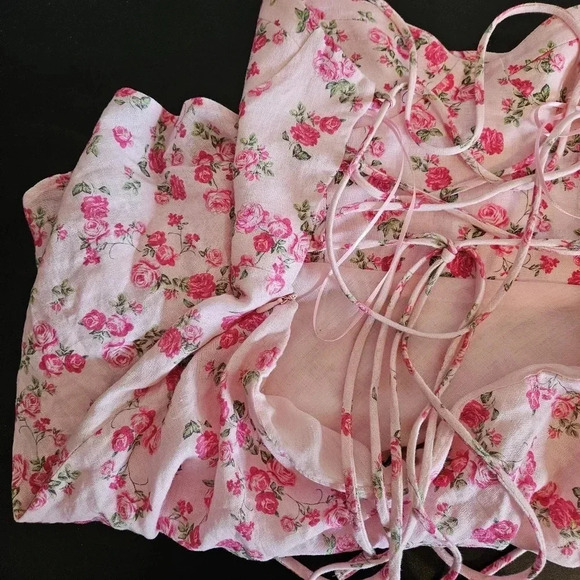 Zara Bloggers Favorite Pink Floral Lace Up Cutout Strappy Linen Blend Mini Dress - Picture 12 of 15